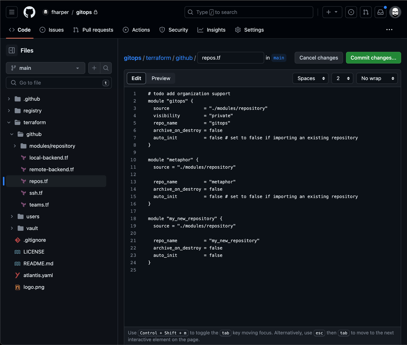 The GitHub web interface with the repos.tf file opened with a new repository added to it.