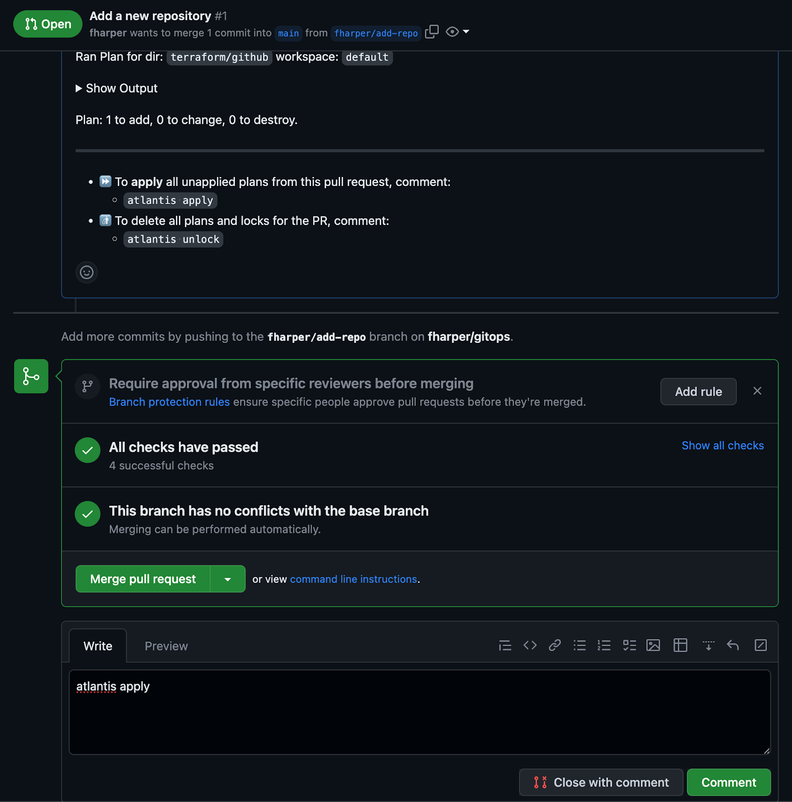 The GitHub web interface showing Atlantis comment after it detected the changes, and proposed a plan.