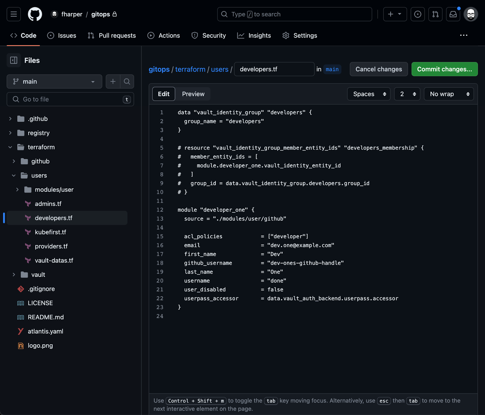The GitHub web interface with the developers.tf file opened with a new user added to it (uncommented)