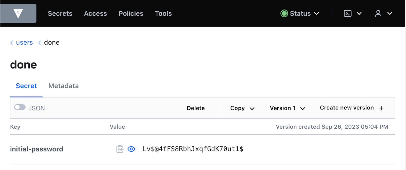 Vault interface showcasing the random automatically generated password for the new user named done