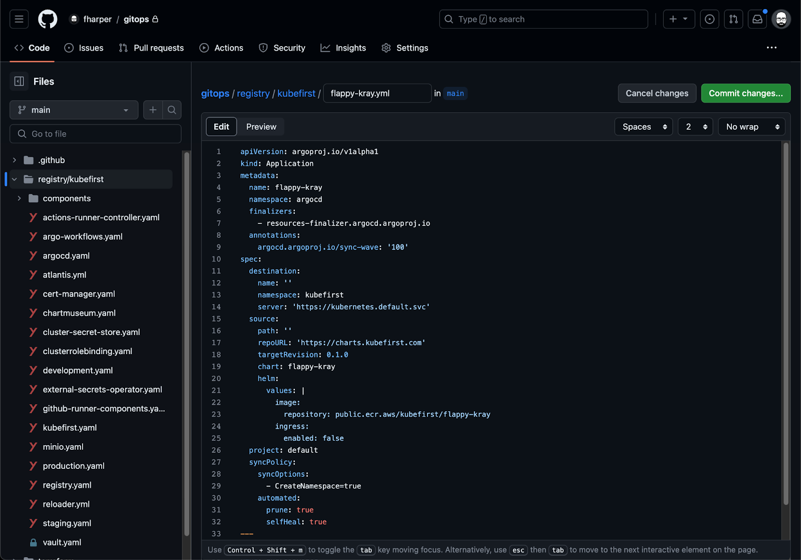 The GitHub web interface with the newly created flappy-kray.yml file opened with the content from the same file downloaded before.