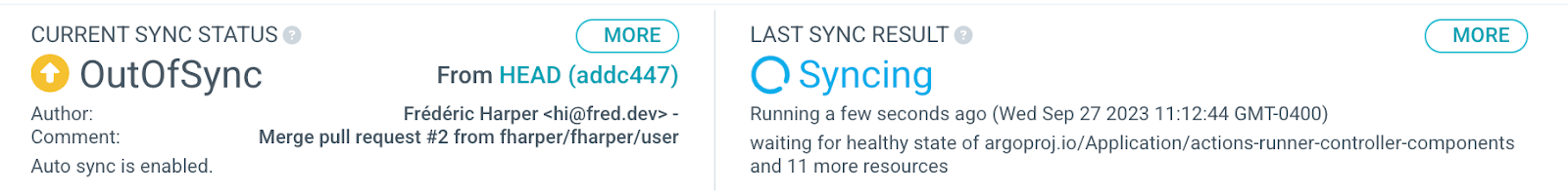 Part of Argo CD showing the current status of the cluster vs the last gitops repository sync status.