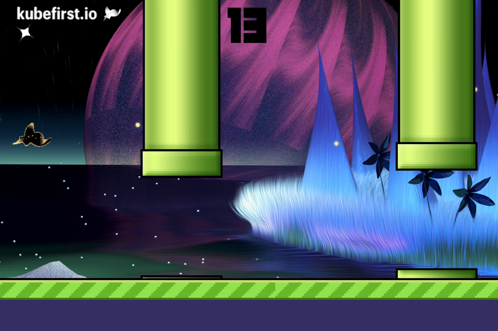 Flappy K-Ray game with K-Ray flying in between pipes