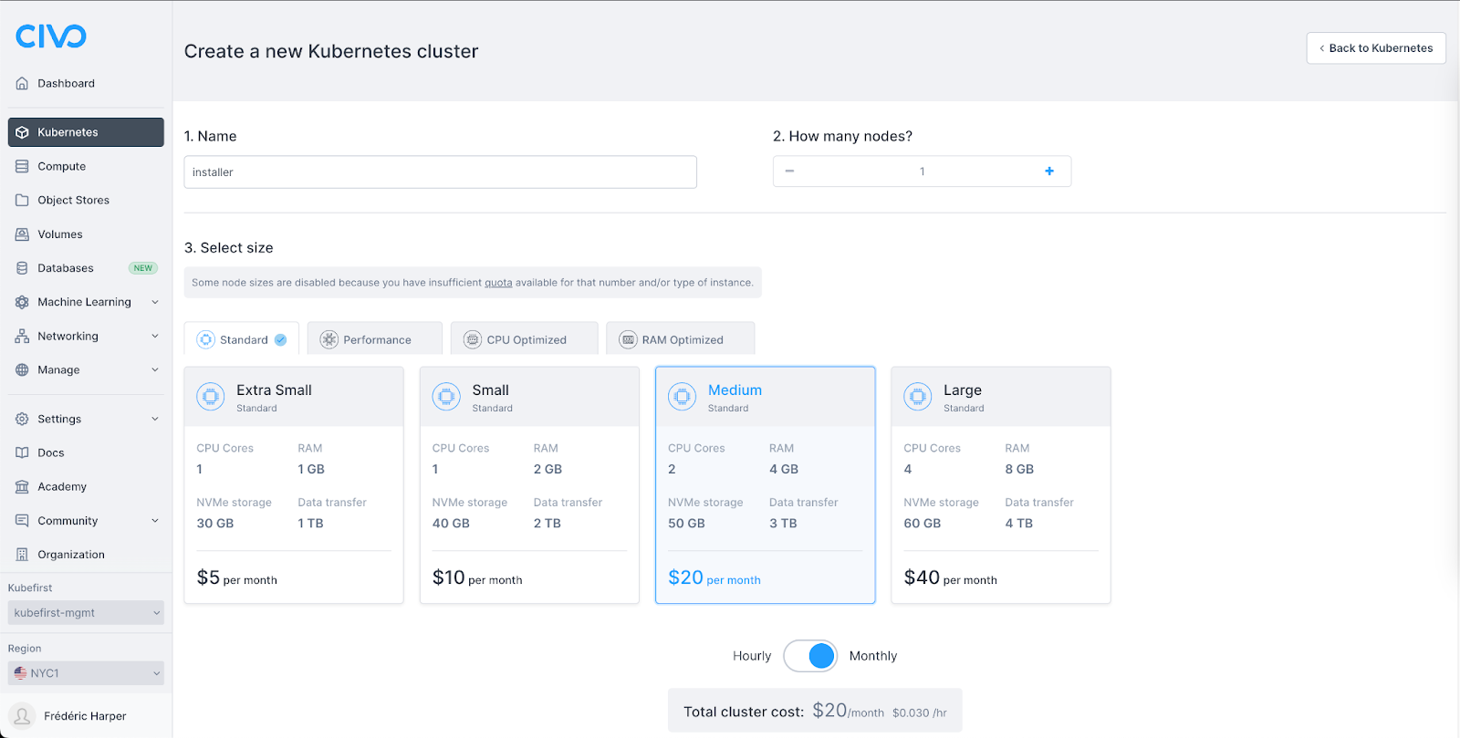 Civo Dashboard for creating a new cluster asking the user information, and to select the type of cluster they want to create
