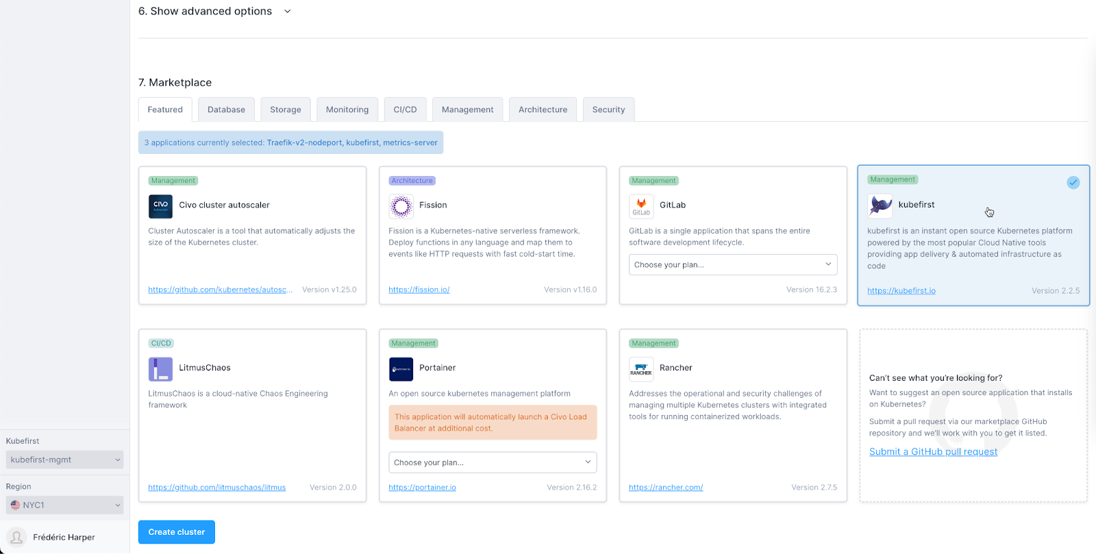 Civo Dashboard showing applications you can install from the Marketplace