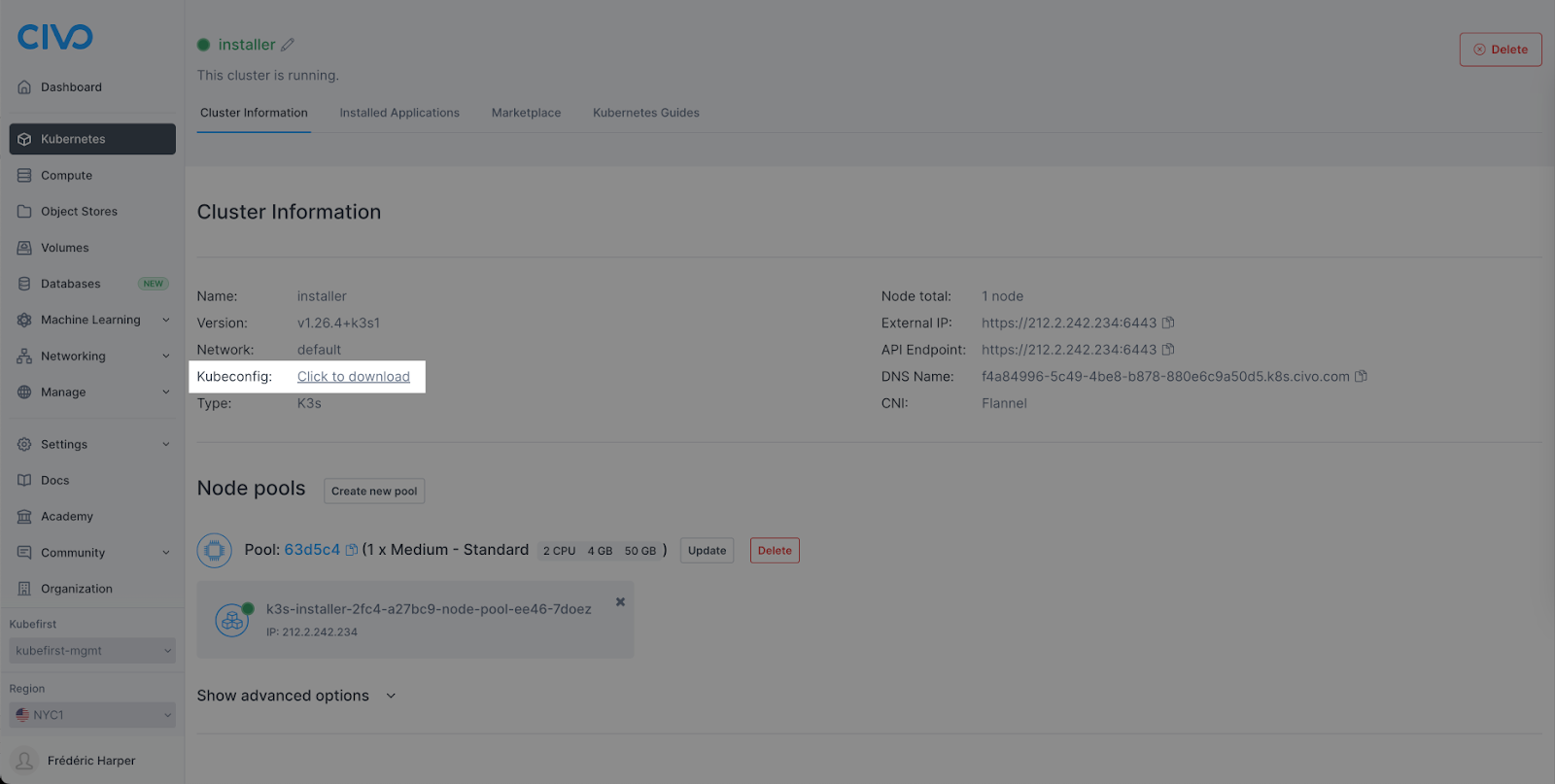 Civo Dashboard showing information about the created cluster, and a way to download the KUBECONFIG file is highlighted