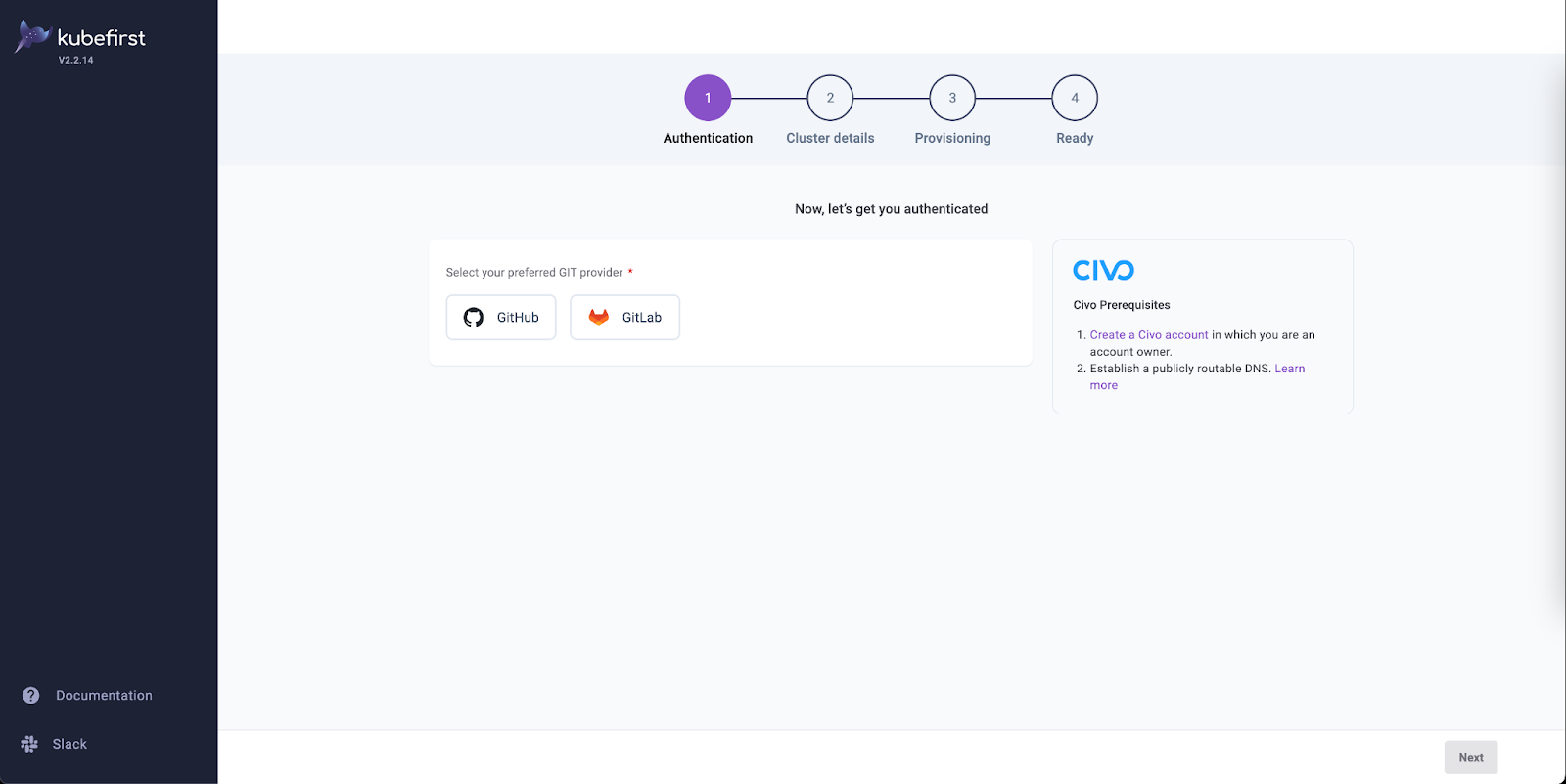 The kubefirst console app to create your Kubernetes management cluster asking you which Git provider you want to use